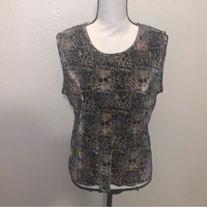 Plisse Sleeveless Ribbed Beige Blk Abstract Print Blouse Polyester XL